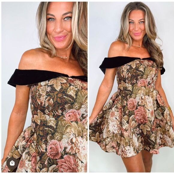 En Saison Capture Off Shoulder Fit & Flare Floral Brocade Mini Dress Winter S - Picture 3 of 5